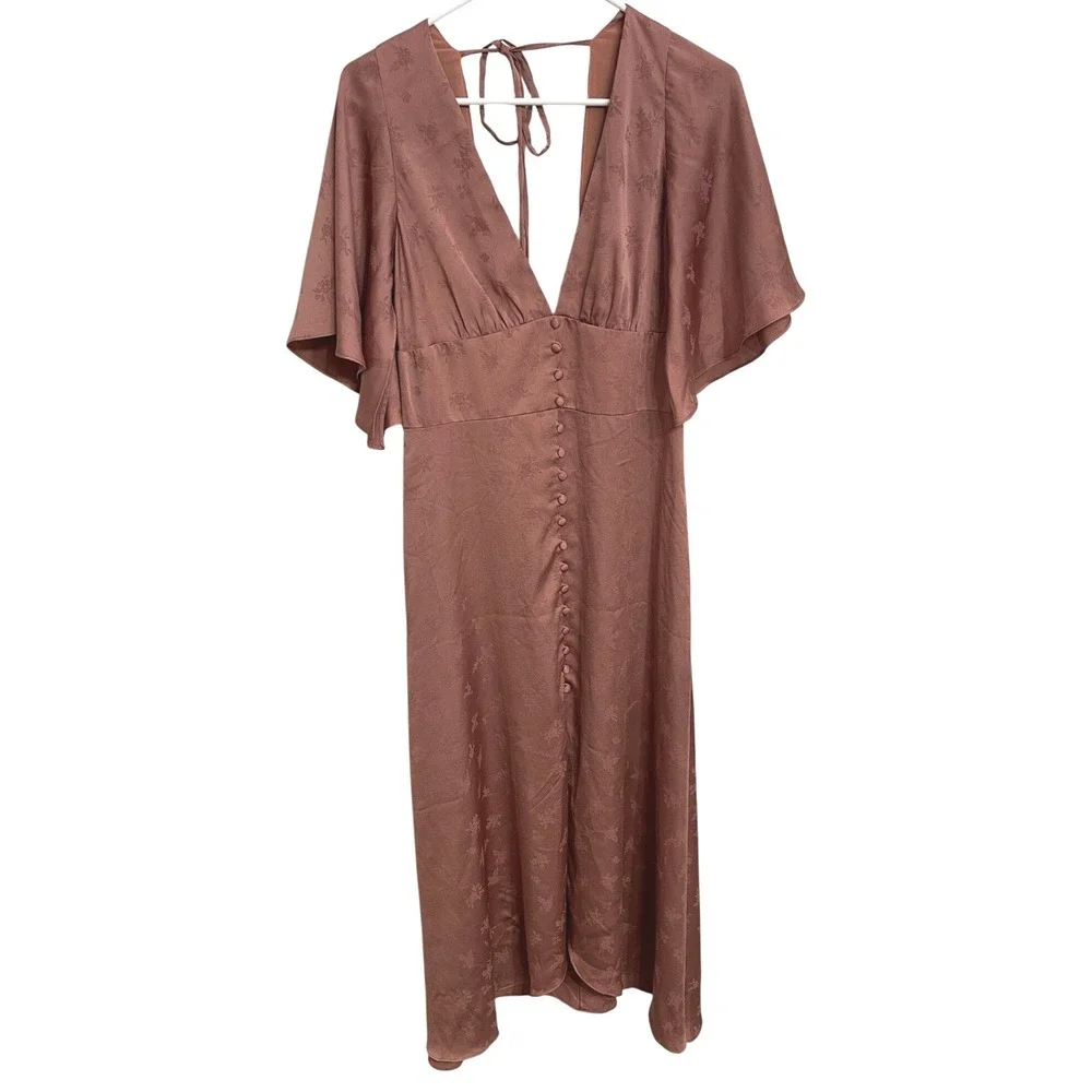 Jenny Yoo Lunetta Dress Rosette Clay Pink Floral Jacquard Flutter Sleeve Size 8